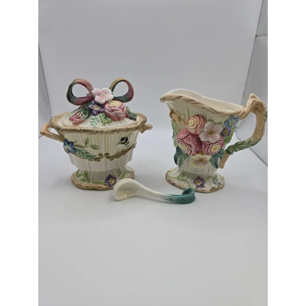 FITZ AND FLOYD Woodland Spring Sugar Bowl & Creamer Set w/lid & spoon